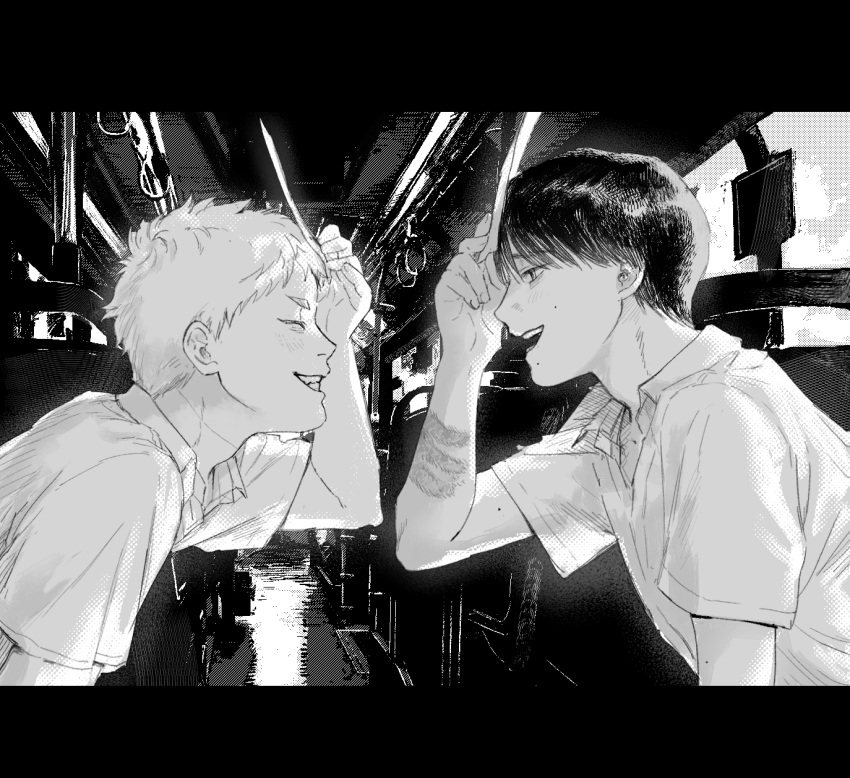 2boys 8927ci arm_up closed_eyes collared_shirt commentary english_commentary fingernails from_side greyscale grin highres hikaru_ga_shinda_natsu holding indou_hikaru letterboxed looking_at_another male_focus monochrome multiple_boys open_collar open_mouth scene_reference shirt short_sleeves smile teeth train_interior tsujinaka_yoshiki upper_body upper_teeth_only wing_collar