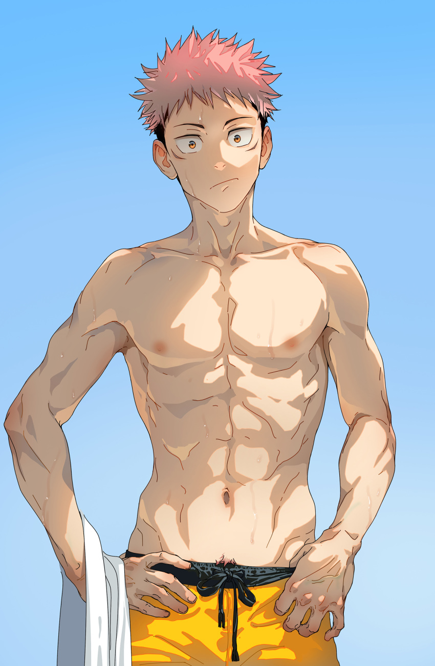 1boy :/ abs absurdres alternate_costume bare_pecs beitemian brown_eyes brown_hair cowboy_shot gradient gradient_background groin hand_on_hip highres itadori_yuuji jujutsu_kaisen male_focus male_swimwear multicolored_hair navel nipples pectorals pink_hair red_eyes short_hair shorts solo spiked_hair swim_trunks swimwear toned toned_male two-tone_hair undercut wet yellow_shorts