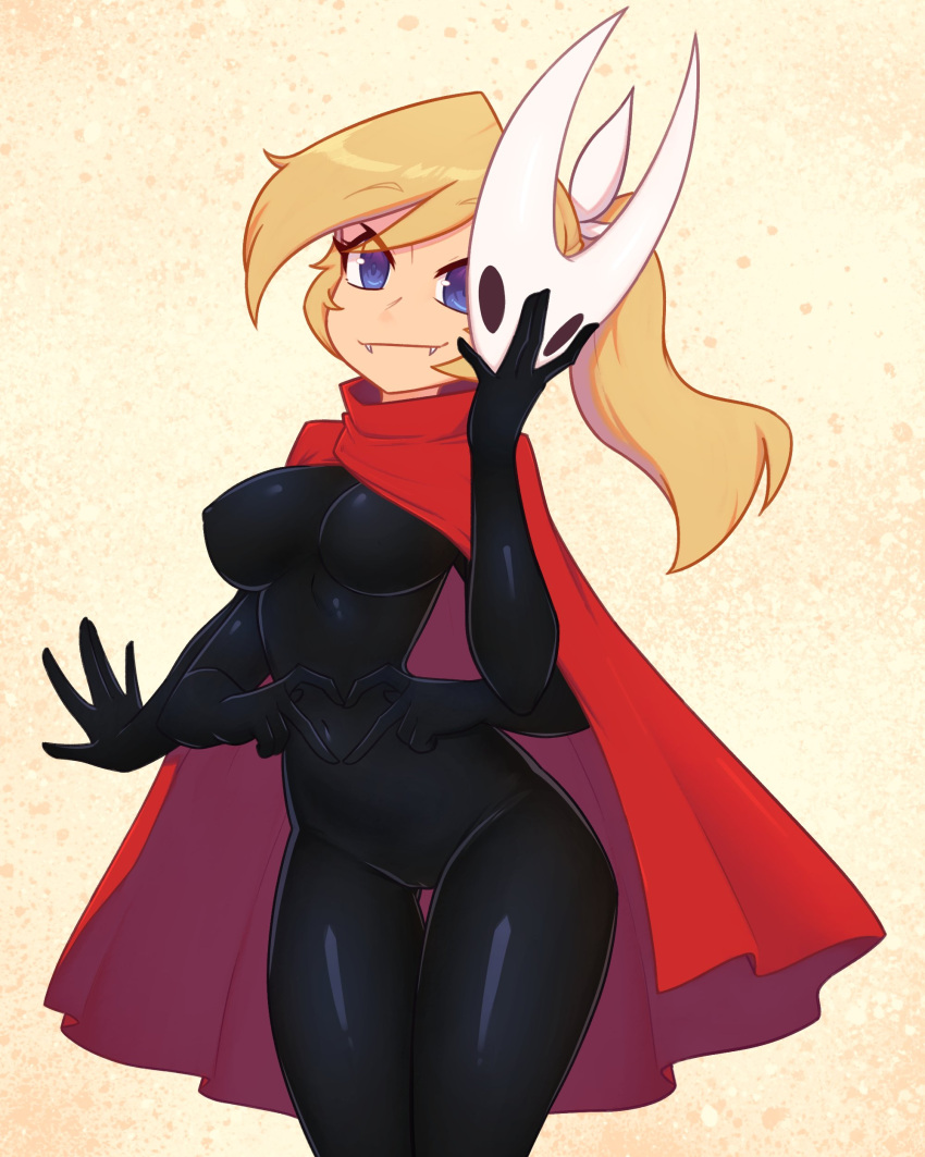 1girl absurdres black_bodysuit blonde_hair blue_eyes bodysuit breasts cape closed_mouth cosplay cowboy_shot extra_arms fangs highres holding holding_mask hollow_knight hollow_knight:_silksong hornet_(hollow_knight) hornet_(hollow_knight)_(cosplay) mask nelly_(xyronii) original ponytail red_cape solo white_mask xyronii yellow_background