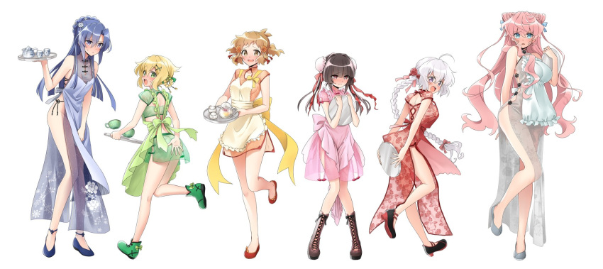 6+girls ahoge akatsuki_kirika apron black_hair blonde_hair blue_hair blush braid breasts bun_cover china_dress chinese_clothes dress highres kazanari_tsubasa lanlanlap large_breasts light_brown_hair long_hair maria_cadenzavna_eve medium_breasts multiple_girls no_bra no_panties pink_hair see-through_dress senki_zesshou_symphogear silver_hair tachibana_hibiki_(symphogear) tea_set tray tsukuyomi_shirabe white_background yukine_chris