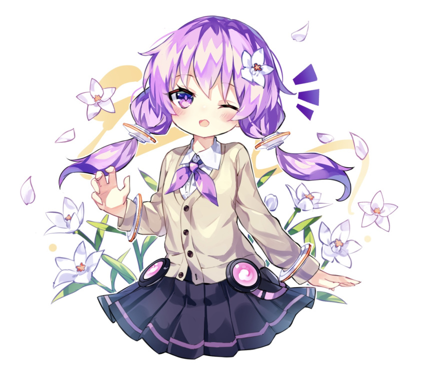 1girl bangs black_skirt blush brown_cardigan cardigan collared_shirt commentary_request dress_shirt eyebrows_visible_through_hair flower fujii_shino hair_between_eyes hair_flower hair_ornament highres long_hair long_sleeves low_twintails neckerchief one_eye_closed open_mouth pleated_skirt purple_eyes purple_hair purple_neckwear shirt skirt solo twintails voiceroid white_background white_flower white_shirt yuzuki_yukari