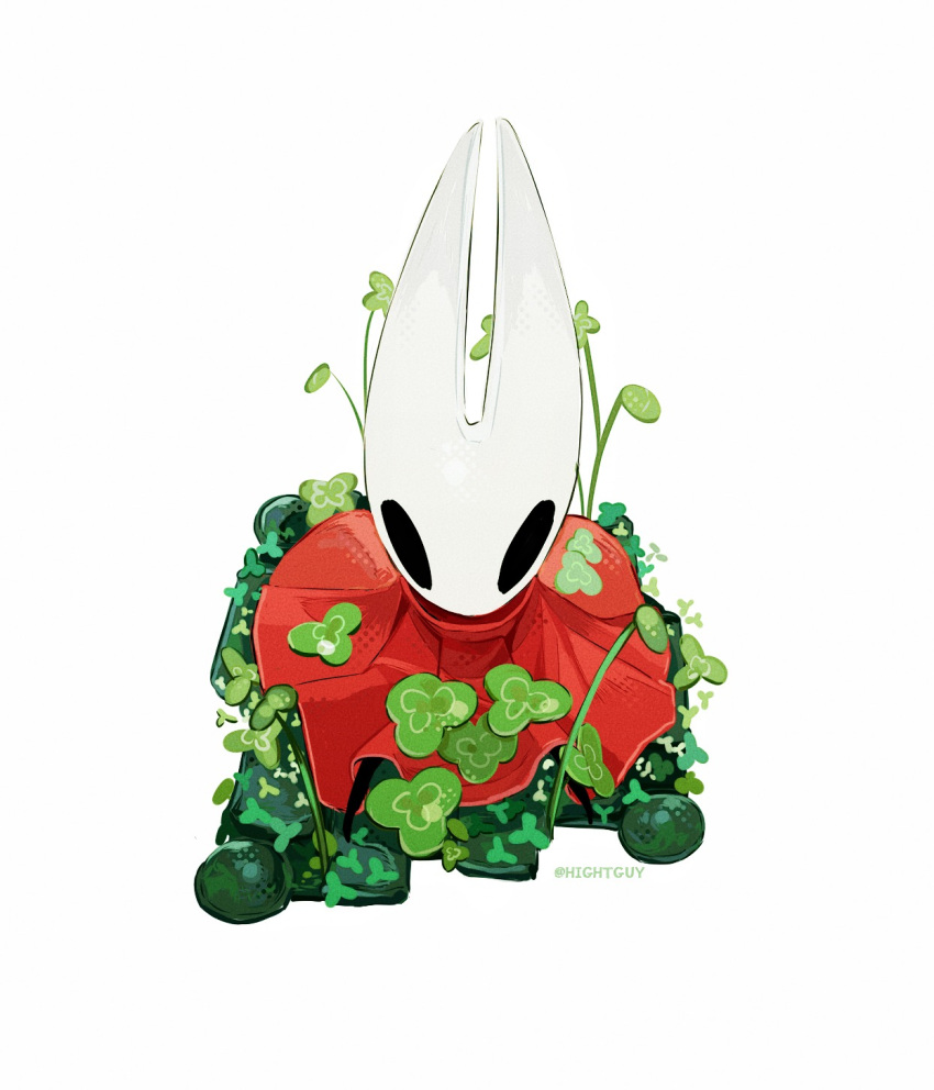 1girl arthropod_girl artist_name cloak clover commentary film_grain from_above full_body halftone highres hightguy hollow_eyes hollow_knight hollow_knight:_silksong horned_mask hornet_(hollow_knight) looking_at_viewer mask no_mouth red_cloak simple_background sitting solo straight-on symbol-only_commentary white_background white_mask