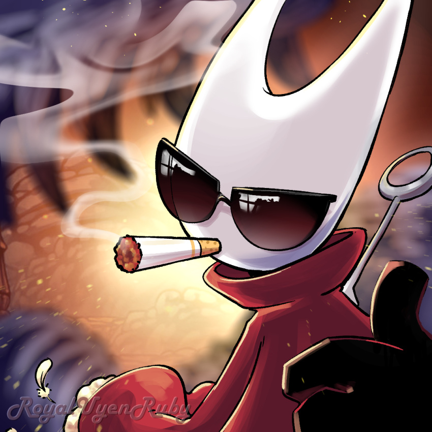 1girl arthropod_girl artist_name black_skin cave cigarette cloak colored_skin feathers hollow_knight hollow_knight:_silksong horned_mask hornet_(hollow_knight) looking_at_viewer mask needle_(hollow_knight) red_cloak reflection royaluyenruby smoking solo sunglasses thumbs_up upper_body weapon white_feathers