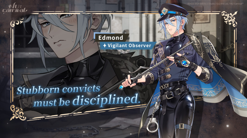 1boy belt black_belt black_coat black_gloves black_hat black_pants black_shirt blue_eyes blue_gemstone blue_hair blue_jacket blush character_name closed_mouth coat coat_on_shoulders copyright_name cuffs edmond_(nu_carnival) edmond_(vigilant_observer)_(nu_carnival) english_commentary english_text fingerless_gloves gem gloves hair_between_eyes handcuffs hat highres holding holding_whip infinity_alpha_studio jacket light_particles long_sleeves looking_at_viewer male_focus nu_carnival official_alternate_costume official_art pants police police_hat police_uniform shirt short_hair solo sweatdrop thigh_strap turtleneck