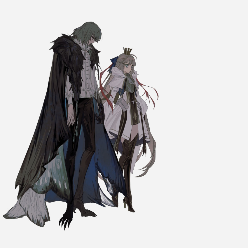 1boy 1girl armor armored_dress arthropod_boy arthropod_limbs artoria_caster_(fate) artoria_caster_(third_ascension)_(fate) artoria_pendragon_(fate) blonde_hair blue_eyes boots breastplate cape capelet crown dress fate/grand_order fate_(series) full_body fur-trimmed_cape fur-trimmed_capelet fur_trim green_eyes grey_hair highres long_hair long_sleeves medium_hair mini_crown oberon_(fate) oberon_(third_ascension)_(fate) ribbon shirt simple_background standing thigh_boots white_background white_shirt wing_cape wo_do