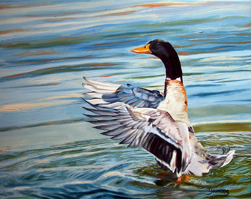 ambiguous_gender anatid anseriform avian bird duck english_text feral hi_res oil_painting_(artwork) outside painting_(artwork) solo text theyfox traditional_media_(artwork) water