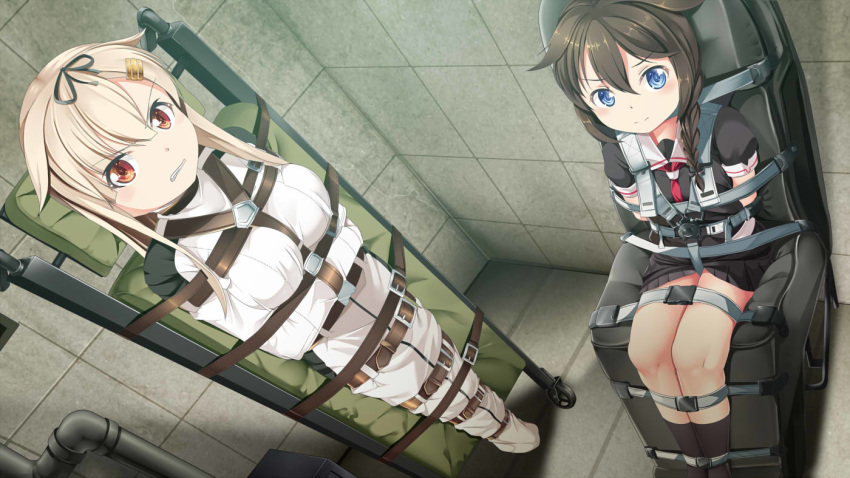 2girls belt blonde_hair blue_eyes bound braid brown_hair chair commission english_commentary eyebrows_visible_through_hair hair_ornament hairclip kantai_collection looking_at_viewer multiple_girls orange_eyes restrained shigure_(kantai_collection) snap-fit_buckle stationary_restraints straitjacket tied_up yasume_yukito yuudachi_(kantai_collection)
