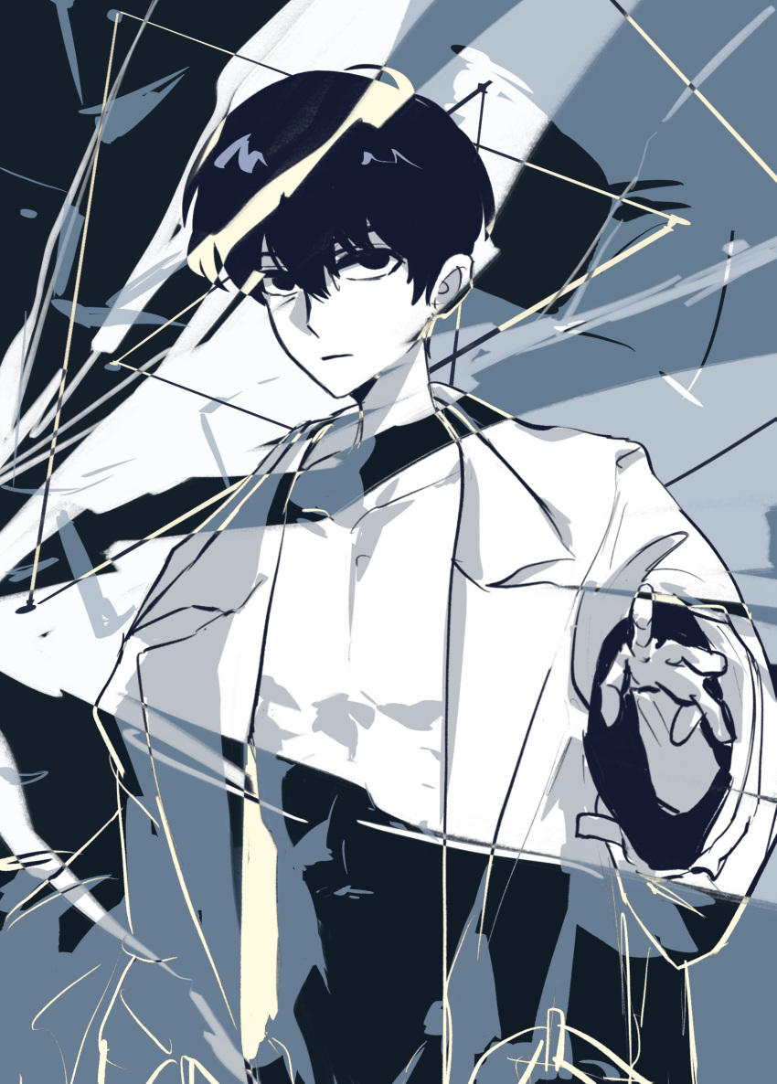 1boy bad_anatomy bad_hands black_eyes black_hair broken_glass coat cowboy_shot exhausted glass highres kim_dokja looking_at_viewer male_focus mrjieshisu omniscient_reader's_viewpoint open_clothes open_coat popped_collar revealing_layer shirt short_hair solo white_coat white_shirt