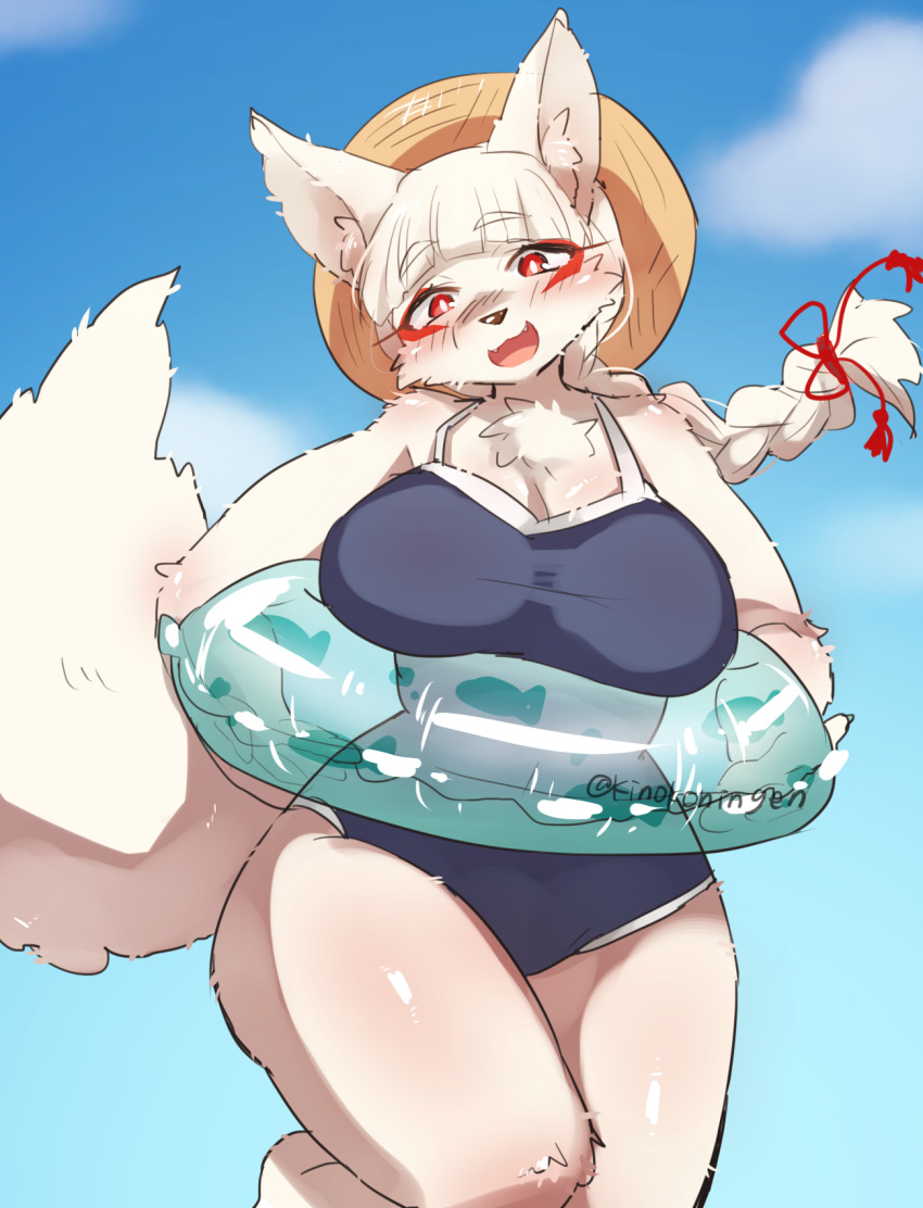 accessory anthro big_breasts biped blush braided_hair braided_ponytail breasts brown_nose canid canine cheek_tuft chest_tuft clothed clothing cloud curvaceous curvy_figure cute_fangs day eye_markings facial_tuft female fluffy fluffy_tail fox fur hair hair_accessory hair_tie hat headgear headwear hi_res holding_object inner_ear_fluff kemono kinokoningen long_hair looking_at_viewer mammal markings monotone_body monotone_fur one-piece_swimsuit open_mouth open_smile outside ponytail red_eyes red_markings sky smile solo standing swim_ring swimwear tamamo-chan's_a_fox tamamo_fushimi thick_thighs tuft voluptuous white_body white_fur white_hair wide_hips