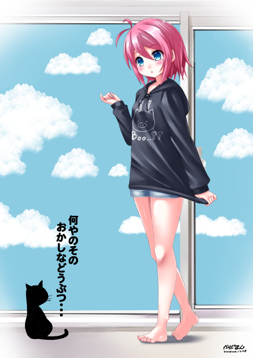 1girl :o animal antenna_hair bangs barefoot black_hoodie blue_eyes blue_shorts blue_sky blush breasts cat clothes_writing cloud commentary_request copyright_request day drawstring eyebrows_visible_through_hair full_body hair_between_eyes hand_up highres hood hood_down hoodie kaze_makase long_sleeves mole mole_under_eye parted_lips pig_print pink_hair print_hoodie short_shorts shorts signature sky sleeves_past_wrists small_breasts solo standing translation_request virtual_youtuber walking