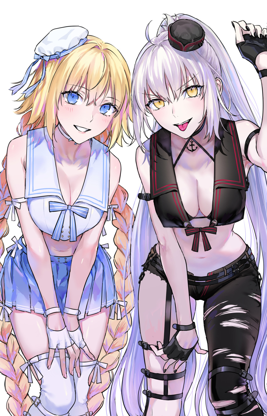 2girls absurdres ahoge anchor asymmetrical_legwear bangs bare_arms bare_shoulders belt bikini bikini_top bikini_under_clothes black_choker black_gloves black_headwear black_legwear black_pants black_ribbon blonde_hair blue_ribbon blue_skirt blush boot_straps boots braid breasts chain choker cleavage commentary_request ears eyebrows_visible_through_hair fate/grand_order fate_(series) fingerless_gloves garter_straps gloves hat highres jeanne_d'arc_(alter)_(fate) jeanne_d'arc_(fate) jeanne_d'arc_(fate)_(all) large_breasts leaning_forward long_hair looking_at_viewer midriff multiple_girls navel nipi27 nose pants plaid plaid_skirt ponytail ribbon sailor_collar sailor_hat sidelocks simple_background skirt smile swimsuit swimsuit_under_clothes teeth thigh_strap thighhighs tilted_headwear tongue tongue_out torn_clothes torn_legwear torn_pants twin_braids very_long_hair white_background white_choker white_footwear white_gloves white_hair white_headwear white_legwear zettai_ryouiki