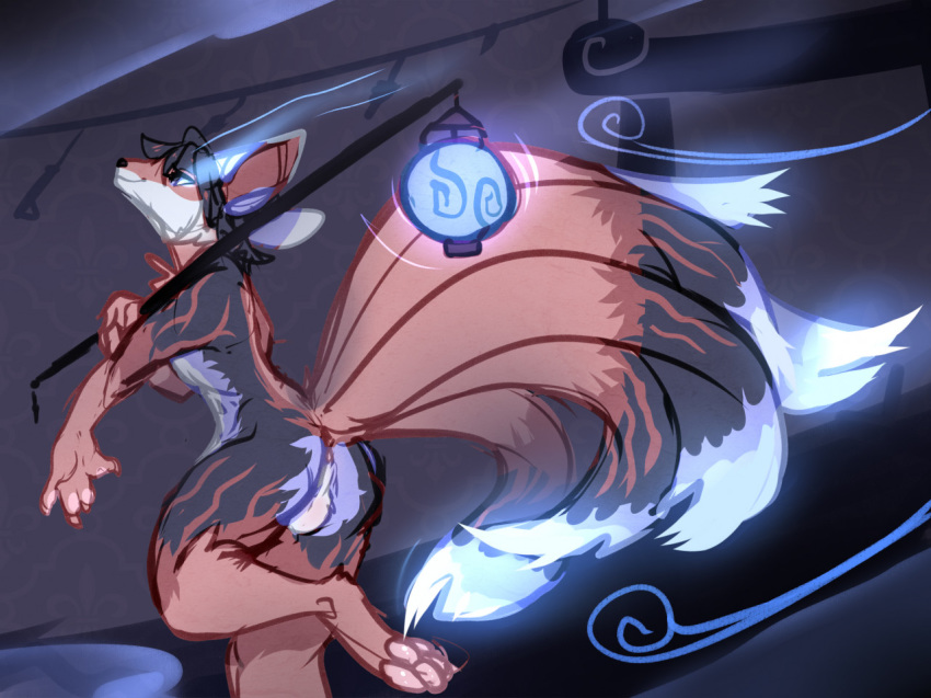 anthro asian_mythology balls beans blue_body blue_fur butt canid canine east_asian_mythology elvche fox fox_spirit fur genitals glowing glowing_eyes glowing_tail glowing_tail_tip japanese_mythology lantern male mammal mercury mythology red_body red_fur solo