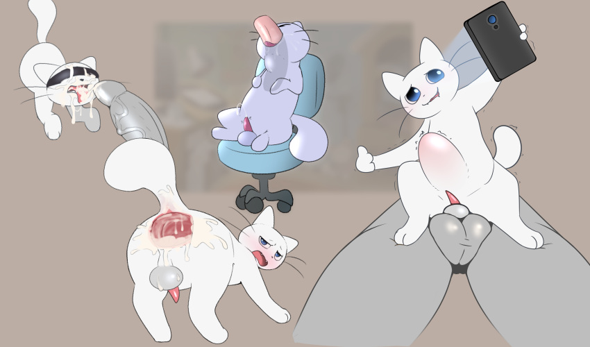 abdominal_bulge all_fours anus balls balls_touching blindfold blue_eyes blush bodily_fluids butt chair creu creu_cat cum cum_in_ass cum_in_mouth cum_inside cum_on_butt cum_on_face cum_on_tongue domestic_cat duo electronics felid feline felis fellatio feral furniture gaping gaping_anus genital_fluids genitals hi_res huge_gape human humanoid male male/male mammal notsafecat oral penile penis phone recording saliva sex size_difference small_penis tongue tongue_out tongue_out_fellatio whiskers