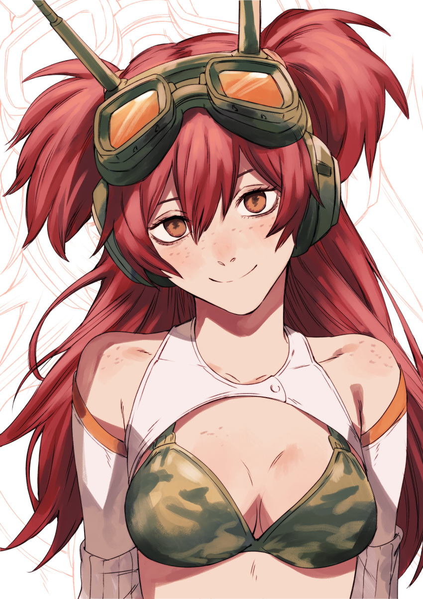 1girl absurdres bikini bikini_top_only body_freckles breast_freckles breasts brown_eyes camouflage camouflage_bikini cleavage commentary detached_sleeves english_commentary freckles fujimoto_tatsuki_(style) goggles goggles_on_head green_bikini hair_between_eyes head_tilt headphones highres long_hair looking_at_viewer medium_breasts nifast_(greentail) original parody red_hair shoulder_freckles smile solo style_parody swimsuit truck_(nifast_(greentail)) two_side_up upper_body white_background white_sleeves