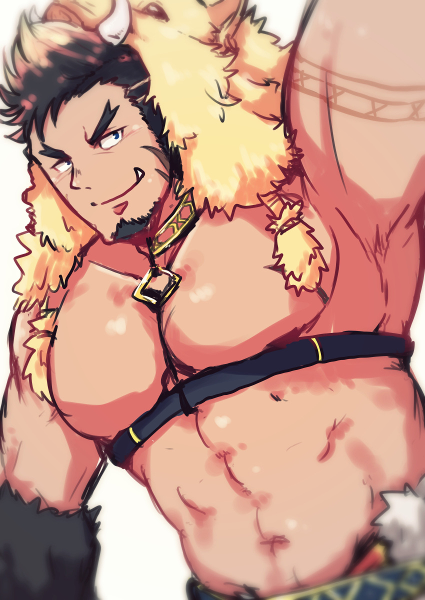 1boy abs absurdres animal_hood arm_up armpits bara bare_pecs blue_eyes brown_hair chest_harness facial_hair fang forked_eyebrows gekiyasu_0621 goatee gullinbursti_(tokyo_houkago_summoners) harness highres hood male_focus muscle navel no_nipples pectorals revealing_clothes short_hair sideburns sketch solo spiked_hair thick_eyebrows tokyo_houkago_summoners