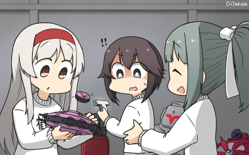 3girls alternate_costume black_hair brown_eyes closed_eyes clothes_removed commentary_request dated grey_hair hairband hamu_koutarou hayasui_(kantai_collection) highres kantai_collection long_hair multiple_girls ponytail red_hairband robot short_hair shoukaku_(kantai_collection) silver_eyes surprised sweater ufo white_hair white_sweater yuubari_(kantai_collection)