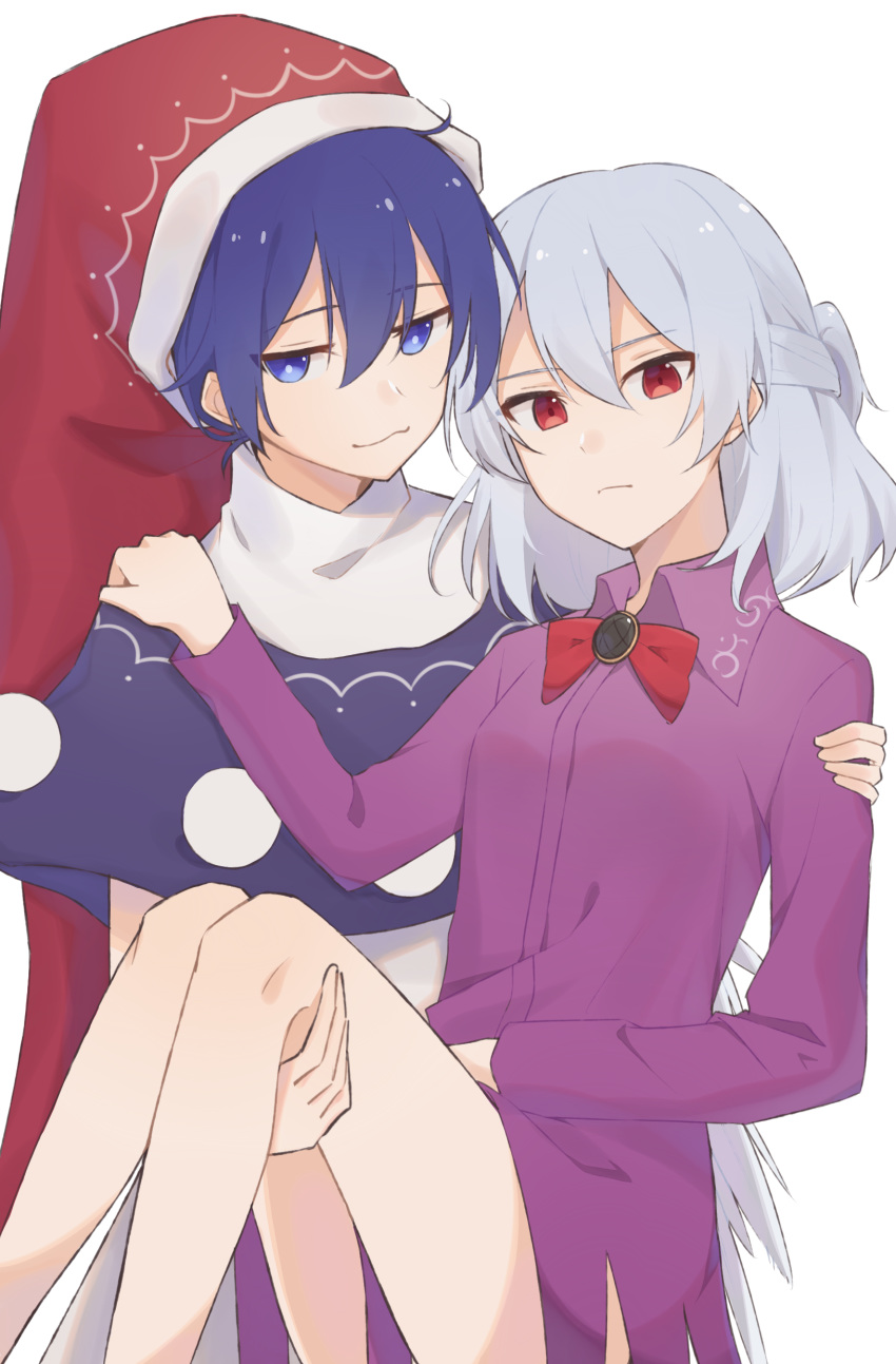 2girls :3 absurdres bare_legs blue_eyes blue_hair breasts bright_pupils capelet closed_mouth commentary_request doremy_sweet dress feet_out_of_frame hand_on_another's_shoulder hat highres idaku kishin_sagume long_sleeves multiple_girls nightcap no_jacket pom_pom_(clothes) purple_dress red_eyes red_headwear short_hair silver_hair simple_background small_breasts touhou upper_body white_background yuri