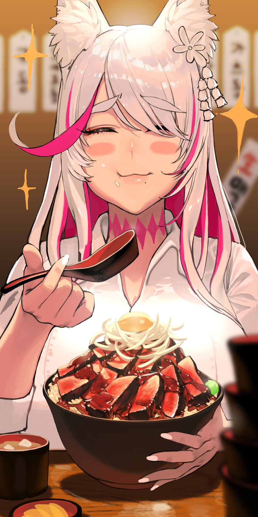 1girl absurdres animal_ears asymmetrical_bangs bangs blush bowl destiny_child donburi food food_in_mouth food_on_face fox_ears fox_tail happy highres huge_filesize meat miso_soup mole mole_under_mouth shirt spoon star_(symbol) tail tamamo_(destiny_child) white_hair white_shirt zig90