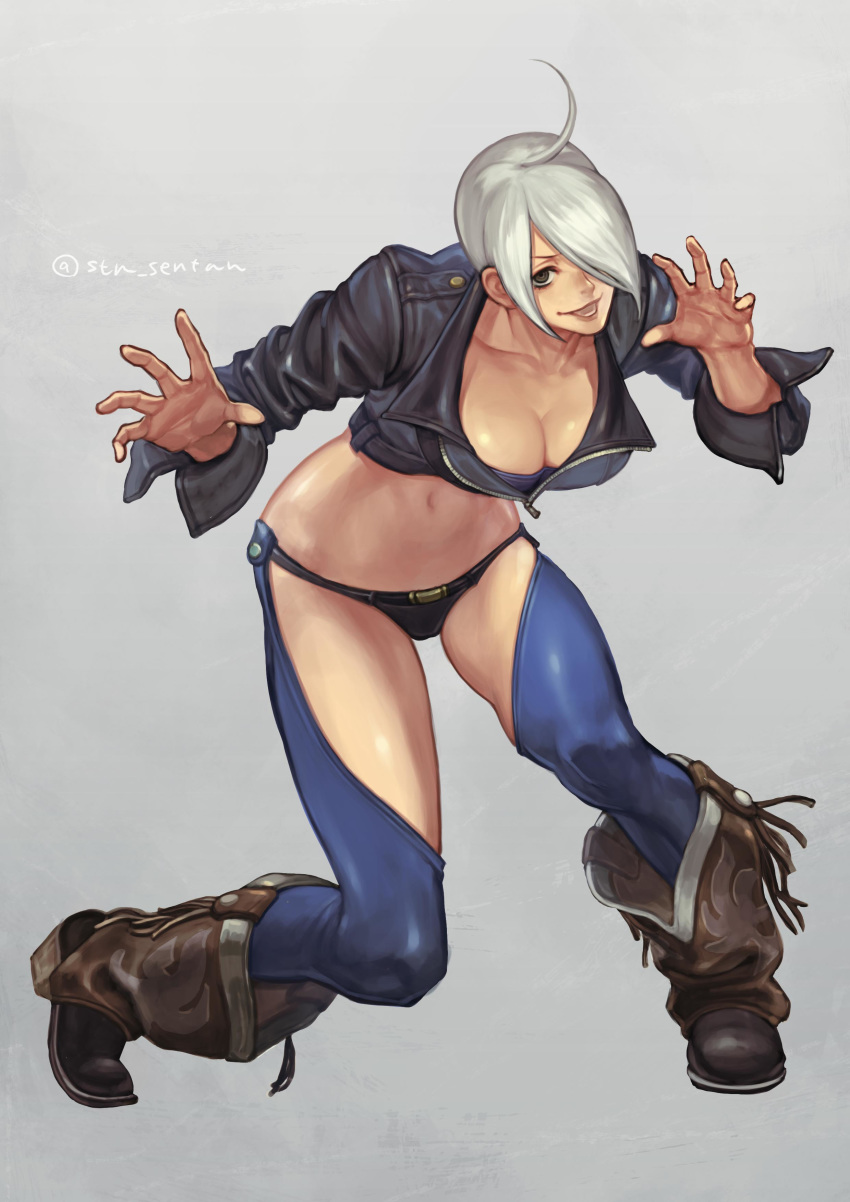 absurdres ahoge angel_(kof) bikini bikini_bottom boots bra breasts chaps cleavage collarbone cowboy_boots cropped_jacket hair_over_one_eye highres jacket large_breasts leather leather_jacket looking_at_viewer mexican navel panties simple_background snk solo stn_sentan strapless strapless_bra swimsuit the_king_of_fighters the_king_of_fighters_2001 the_king_of_fighters_xiv toned underwear