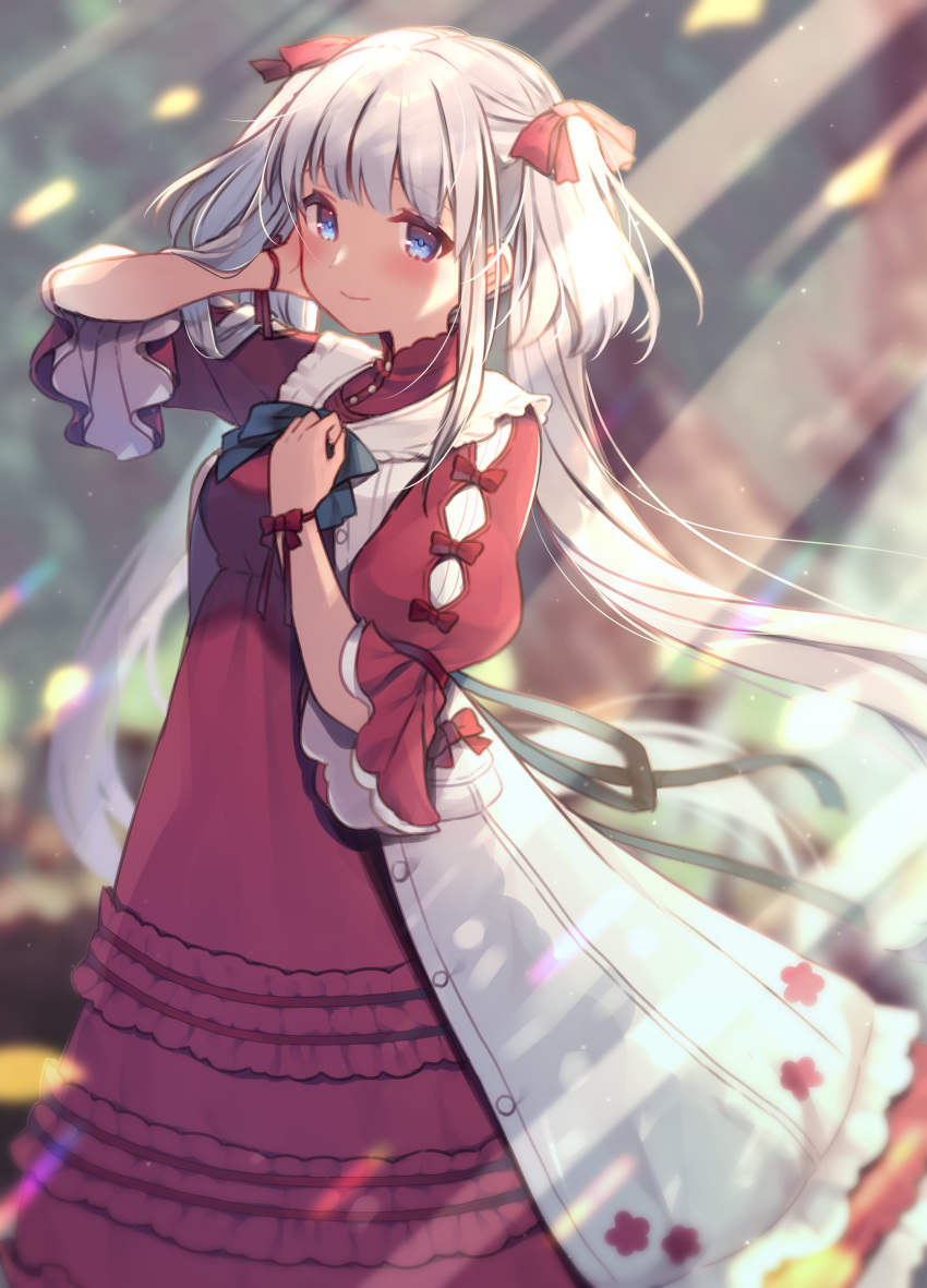 1girl absurdres aqua_bow blue_eyes blurry blurry_background blush bow breasts closed_mouth dress eyebrows_visible_through_hair frilled_dress frills grey_hair hair_bow highres jacket long_sleeves looking_at_viewer mabinogi medium_breasts nao_(mabinogi) petticoat pinafore_dress red_bow red_dress sidelocks silver_hair smile solo standing twintails usamata white_hair white_jacket