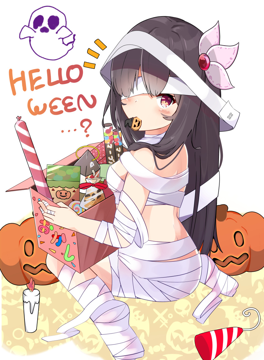1girl absurdres bandage_over_one_eye bandages bangs black_hair blush breasts candle commentary_request food_in_mouth hair_between_eyes hair_ornament highres holding jack-o'-lantern kantai_collection kisaragi_(kantai_collection) long_hair looking_at_viewer looking_back medium_breasts mouth_hold naked_bandage nekoyanagi_(azelsynn) notice_lines party_popper red_eyes solo very_long_hair white_background