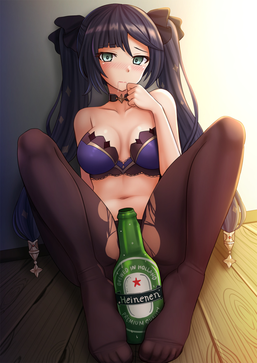 1girl aqua_eyes bare_shoulders beer_bottle black_choker black_hair blush bottle bow bra brand_name_imitation breasts brown_legwear choker collarbone commentary convenient_censoring embarrassed feet genshin_impact hair_bow hand_up heineken highres kazenokaze knees_up large_breasts long_hair looking_at_viewer mona_(genshin_impact) navel no_shoes nose_blush pantyhose purple_bra saliva sitting solo stomach torn_clothes torn_legwear twintails underwear very_long_hair