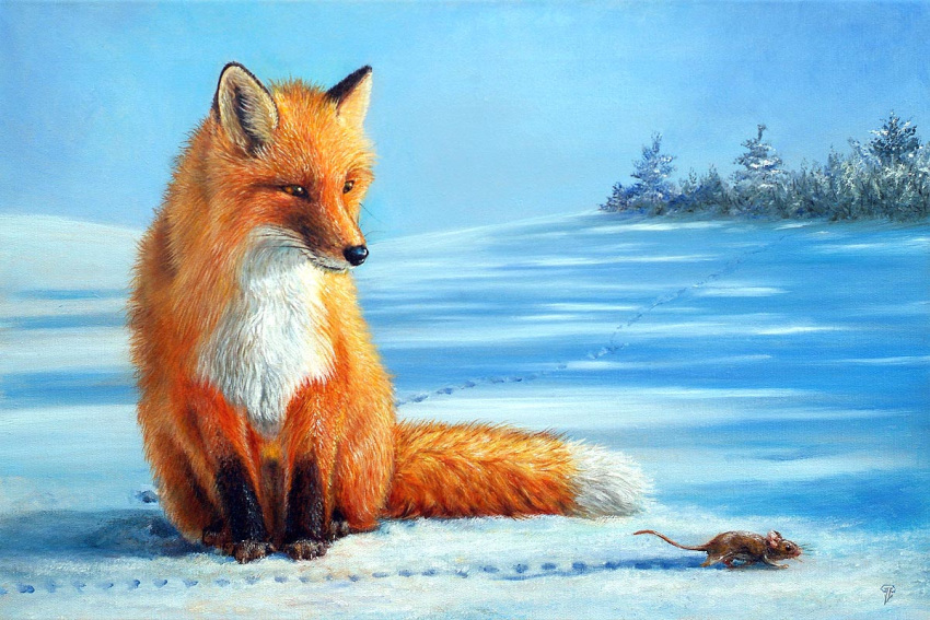 3:2 ambiguous_gender canid canine dimwolf duo feral footprint fox mammal mouse murid murine oil_painting_(artwork) outside painting_(artwork) realistic red_fox rodent size_difference sky snow traditional_media_(artwork) tree whiskers