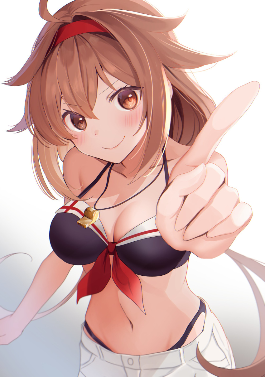 1girl absurdres adapted_costume alternate_costume bangs bikini breasts brown_eyes brown_hair cleavage hair_between_eyes hair_flaps hairband highres index_finger_raised kantai_collection long_hair looking_at_viewer low_twintails medium_breasts red_hairband remodel_(kantai_collection) shiratsuyu_(kantai_collection) shorts swimsuit twintails whistle whistle_around_neck yunamaro