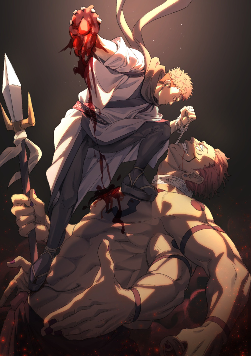 2boys abs absurdres black_nails blood blue_scarf brown_hair extra_arms extra_eyes facial_tattoo fighting fingers_together giant_male guro hand_gesture heart_(organ) highres itadori_yuuji japanese_clothes jujutsu_kaisen kayoko_(panchlora) kimono lance long_sleeves male_focus multiple_boys pectorals pink_hair polearm red_eyes ryoumen_sukuna_(jujutsu_kaisen) scarf shirtless short_hair smile spiked_hair standing_on_person tattoo undercut weapon white_kimono