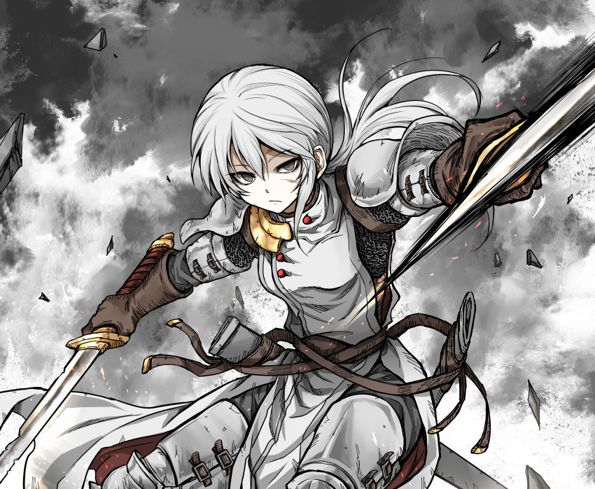 1girl absurdres armor bangs brown_gloves bruise bruise_on_face cape chainmail commentary_request debris dual_wielding fighting_stance gloves grey_background grey_cape grey_eyes grey_hair grey_shirt hair_between_eyes highres holding holding_weapon injury leg_armor long_hair scabbard sheath shimoda_masaya shirt shoulder_armor solo sword two-sided_cape two-sided_fabric vahren_tuga weapon