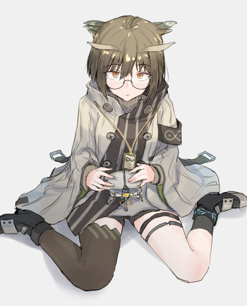 1girl arknights bangs black_footwear black_legwear brown_eyes brown_hair commentary_request eyebrows_visible_through_hair glasses grey_background grey_jacket highres jacket long_sleeves looking_at_viewer partial_commentary shoes short_hair silence_(arknights) simple_background single_thighhigh sitting solo thighhighs unu_(unucence) wariza
