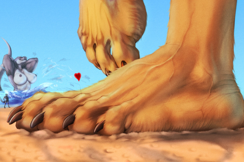 &lt;3 5_toes ambiguous_gender anthro beach black_body black_nipples blue_sky breasts brown_body brown_fur canid canine ember_mccleod feet female foot_focus fox fur group hi_res humanoid_feet larger_female macro mammal mtfoxx nipples outside reptile scalie seaside sheelahi size_difference sky smaller_ambiguous snake toes topless_female ursid