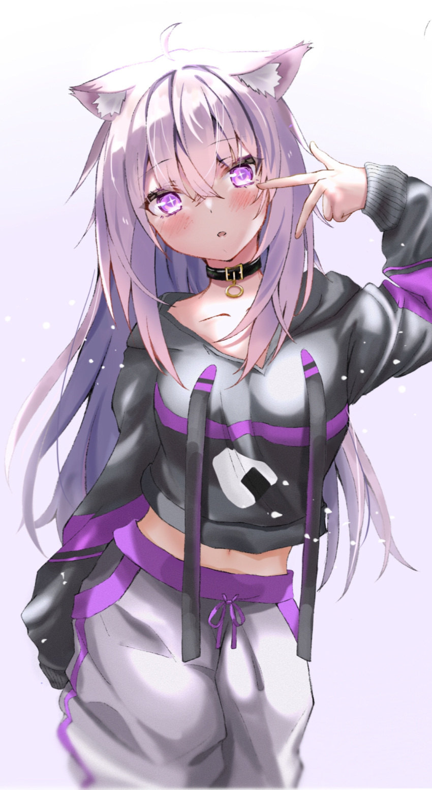 +_+ 1girl :o ahoge alternate_hair_length alternate_hairstyle animal_ears bangs black_collar black_hoodie blush cat_ears cat_girl collar contrapposto crossed_bangs drawstring eyebrows_visible_through_hair highres hololive hood hoodie long_hair long_sleeves looking_at_viewer meron_no_kawa midriff nekomata_okayu pant purple_eyes purple_hair solo very_long_hair virtual_youtuber w white_background