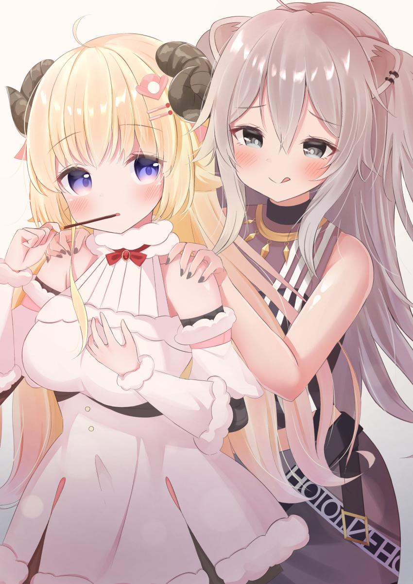 2girls :q absurdres animal_ears bare_shoulders blonde_hair blue_eyes blush cowboy_shot detached_sleeves dress ear_piercing food fur-trimmed_dress fur_trim grabbing grabbing_from_behind grey_hair hands_on_another's_shoulders highres hololive horns licking_lips lion_ears lion_girl long_hair looking_at_another multiple_girls piercing pocky sheep_ears sheep_girl sheep_horns shibutani_kai shishiro_botan simple_background sleeveless sleeveless_dress tongue tongue_out tsunomaki_watame two_side_up virtual_youtuber white_background white_dress yuri