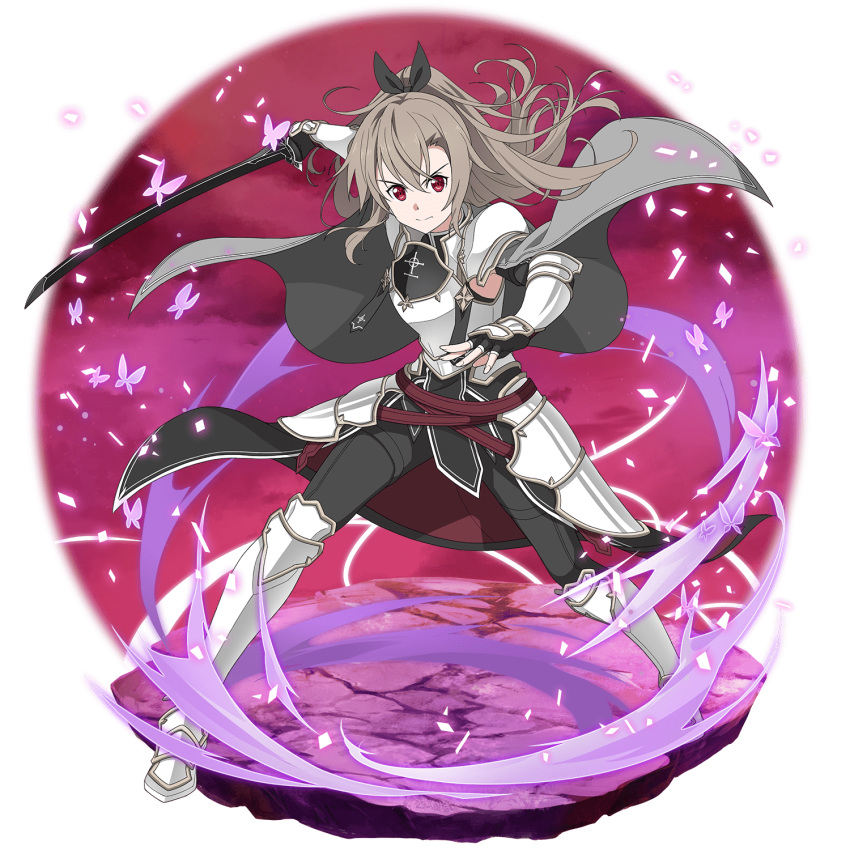 1girl armor armored_boots bangs black_bow black_pants boots bow breastplate cape character_request faulds faux_figurine floating_hair full_body grey_cape grey_hair hair_between_eyes hair_bow high_ponytail highres holding holding_sword holding_weapon knee_boots long_hair looking_at_viewer official_art pants red_eyes shiny shiny_hair shoulder_armor solo spaulders stance standing sword sword_art_online sword_art_online:_memory_defrag transparent_background v-shaped_eyebrows very_long_hair weapon white_footwear