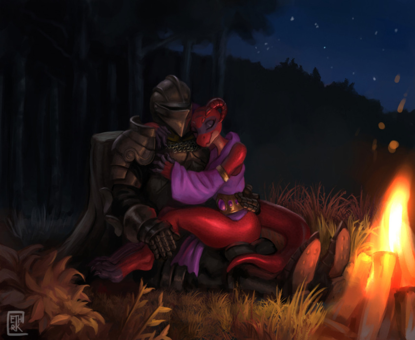 anthro armor campfire duo ethrk female forest hug human knight kobold magic_user male mammal night red_body red_skin scalie sitting tree warrior