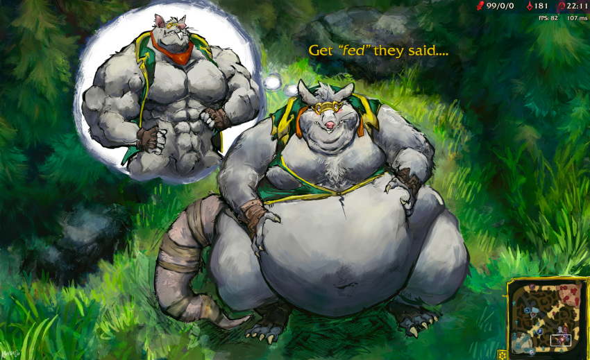 4_toes 5_fingers abs anthro aokmaidu athletic athletic_anthro athletic_male bandage belly belly_grab belly_overhang big_belly big_tail blush buckteeth chest_tuft claws clothing dewlap_(anatomy) dialogue double_chin english_text eyewear eyewear_on_head finger_claws fingers fur gloves goggles goggles_on_head grass green_cloak grey_body grey_fur grey_hair hair handwear hi_res kerchief league_of_legends long_tail male mammal moobs murid murine muscular muscular_anthro muscular_male navel obese obese_anthro obese_male outside overweight overweight_anthro overweight_male pecs pink_ears pink_nose rat rat_tail red_kerchief red_scarf riot_games rock rodent scarf solo standing teeth text thought_bubble toe_claws toes torn_clothing tree tuft twitch_(lol) video_games weight_gain whiskers white_claws