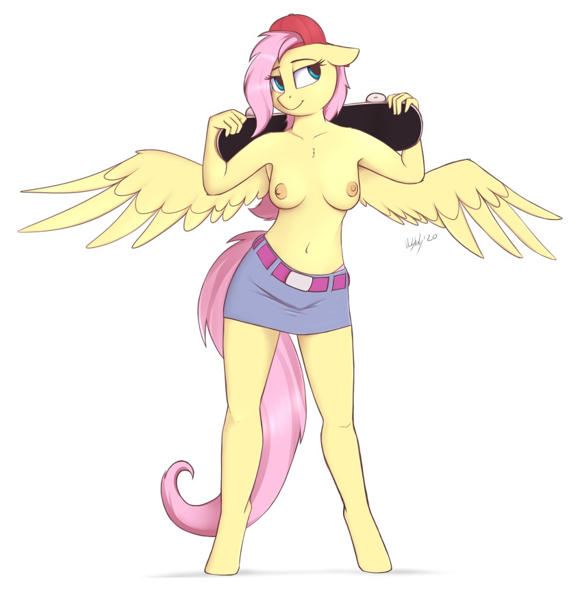 2020 absurd_res anthro anthrofied backwards_baseball_cap baseball_cap belt bottomwear breasts clothed clothing equid equine feathered_wings feathers female fluttershy_(mlp) friendship_is_magic front_view full-length_portrait hasbro hat headgear headwear hi_res looking_aside mammal my_little_pony neighday nipples pegasus portrait skateboard skirt solo spread_wings standing tomboy topless wings yellow_body