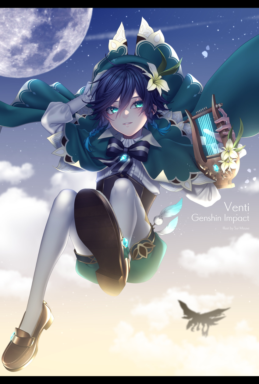 1boy absurdres beni_sui black_hair blue_eyes blue_hair blurry blurry_background blush braid cape cloud cloudy_sky distant dvalin_(genshin_impact) english_text falling feathers flower gem genshin_impact gradient_hair green_headwear hair_flower hair_ornament hat highres instrument jewelry long_sleeves looking_at_viewer lyre male_focus moon multicolored_hair open_mouth otoko_no_ko pantyhose ribbon shoes shorts silhouette sky smile solo star_(sky) starry_sky twin_braids venti_(genshin_impact) white_flower white_legwear