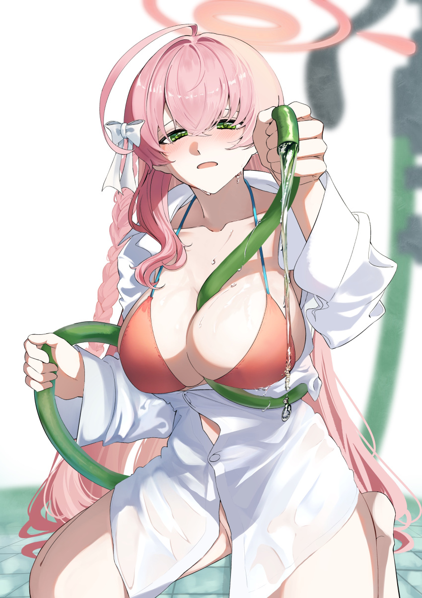 1girl absurdres blue_archive breasts green_eyes halo hanako_(blue_archive) hanako_(swimsuit)_(blue_archive) highres ito_(ito577) large_breasts long_hair looking_at_viewer open_mouth pink_hair pink_halo sitting solo