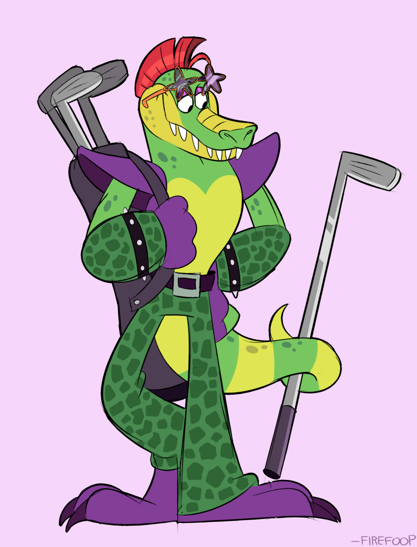 2020 alligator alligatorid anthro belt big_feet bottomwear bracelet claws clothed clothing crocodilian eyewear feet firefoop five_nights_at_freddy's five_nights_at_freddy's:_security_breach glasses gloves golf golf_bag golf_club green_body green_bottomwear green_clothing green_face green_nose green_pants green_skin green_tail hair half-closed_eyes hand_on_hip handwear hi_res jewelry looking_aside looking_down male mohawk_(hairstyle) montgomery_gator_(fnaf) multicolored_body multicolored_skin narrowed_eyes pants pink_background pose purple_body purple_eyelids purple_feet purple_gloves purple_skin red_hair reptile rockstar scalie sharp_claws sharp_teeth short_hair simple_background smile solo spiked_bracelet spikes sport standing star star_glasses teeth toe_claws toony topless two_tone_body two_tone_tail video_games