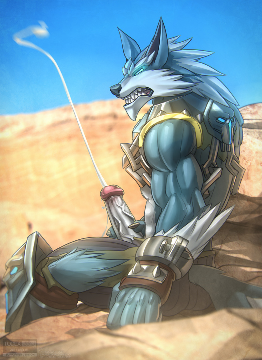 2019 absurd_res anthro armor biceps blue_body blue_eyes blue_fur bodily_fluids bottomwear canid canine canis claws clothed clothing colored cum cumshot detailed_background digital_media_(artwork) ejaculation erection fur genital_fluids genitals handwear hi_res humanoid_genitalia humanoid_penis looking_at_viewer male mammal masturbation muscular muscular_anthro muscular_male orgasm paladins pants penile penile_masturbation penis shaded sharp_teeth sitting solo teeth todex viktor_(paladins) were werecanid werecanine werewolf white_body white_fur wolf