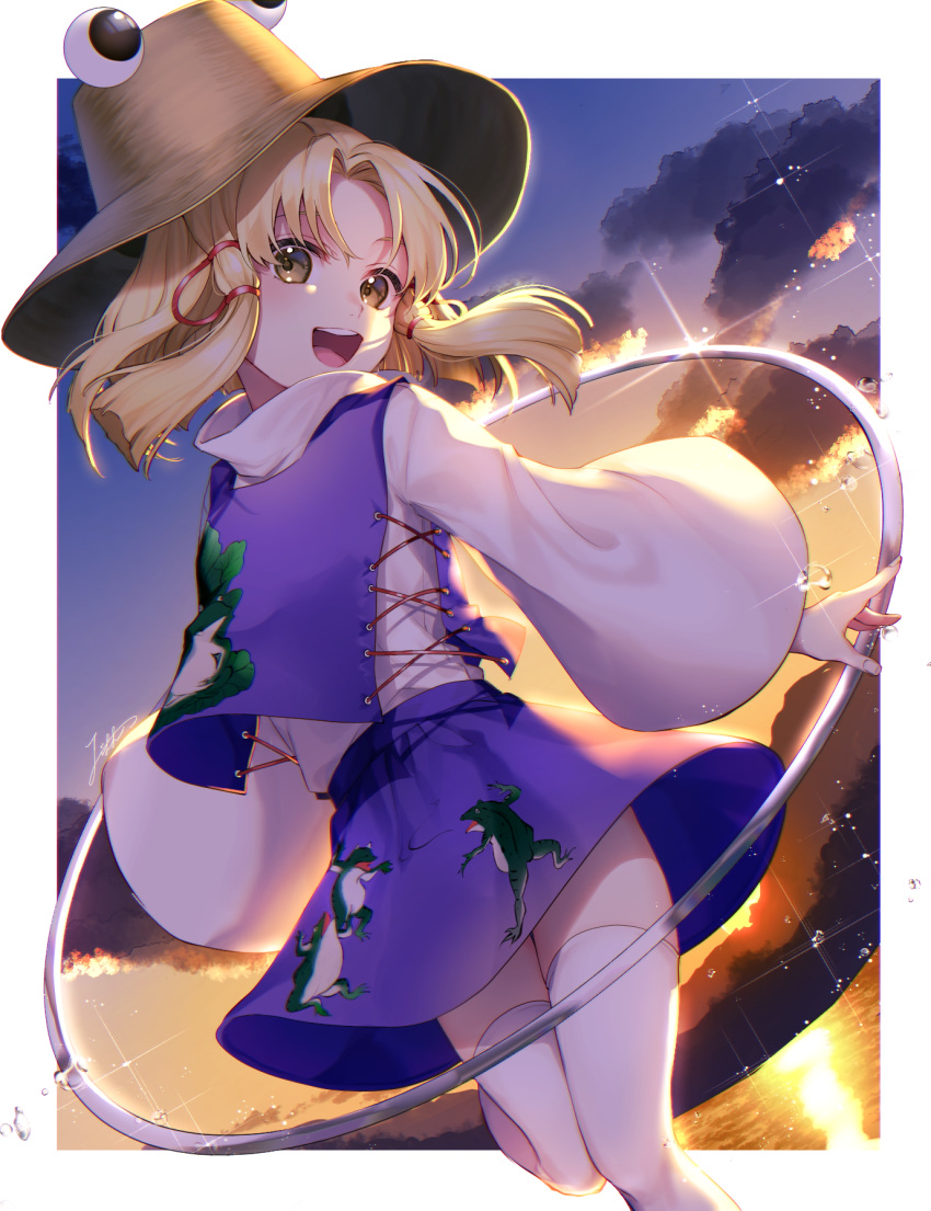 1girl :d animal_print bangs blonde_hair border brown_headwear cloud commentary_request diffraction_spikes dutch_angle flat_chest foot_out_of_frame frog_print glint hat head_tilt highres jill_07km leg_up long_sleeves looking_at_viewer medium_hair moriya_suwako open_mouth outside_border parted_bangs purple_skirt purple_vest pyonta shirt sidelocks signature skirt sky smile solo standing thighhighs touhou turtleneck twilight twisted_torso upper_teeth vest water white_legwear white_shirt wide_sleeves yellow_eyes zettai_ryouiki