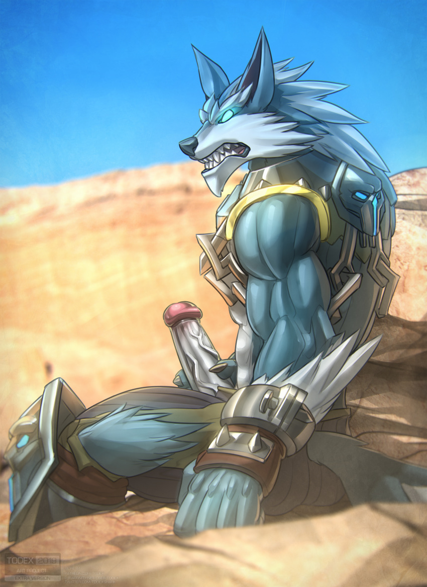 2019 absurd_res anthro armor biceps blue_body blue_eyes blue_fur bottomwear canid canine canis claws clothed clothing colored detailed_background digital_media_(artwork) erection fur genitals handwear hi_res humanoid_genitalia humanoid_penis looking_at_viewer male mammal masturbation muscular muscular_anthro muscular_male paladins pants penile penile_masturbation penis shaded sharp_teeth sitting solo teeth todex viktor_(paladins) were werecanid werecanine werewolf white_body white_fur wolf