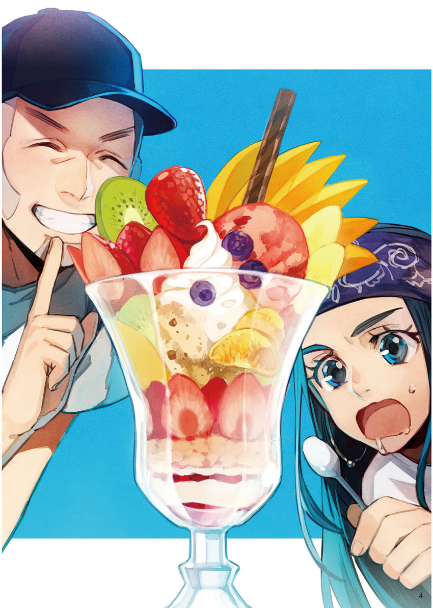 1boy 1girl asirpa bird black_hair blue_background blue_eyes blueberry closed_eyes dessert food fruit golden_kamuy grey_hair hat highres index_finger_raised kiwi kyosuke page_number parfait purple_headband saliva scan shiraishi_yoshitake simple_background smile spoon strawberry