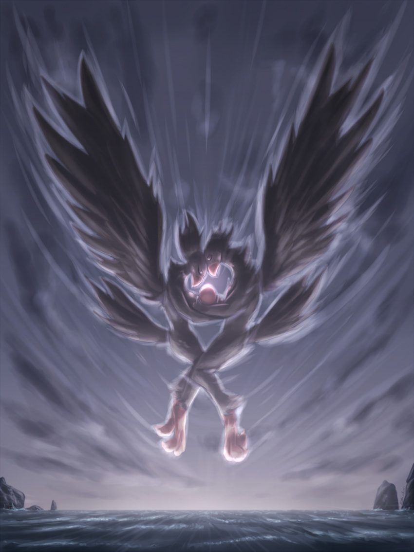 2020 3:4 absurd_res anthro anthro_on_anthro avian bassybefuddle beak big_wings bird bird_feet black_body black_feathers breasts claws duo egg embrace eyes_closed feathered_wings feathers female grey_body grey_feathers heads_together hi_res holding_object intraspecies male male/female medium_breasts midair motion_lines nude orange_beak orange_claws outside rock sea side_view spread_wings toe_claws water wind wings