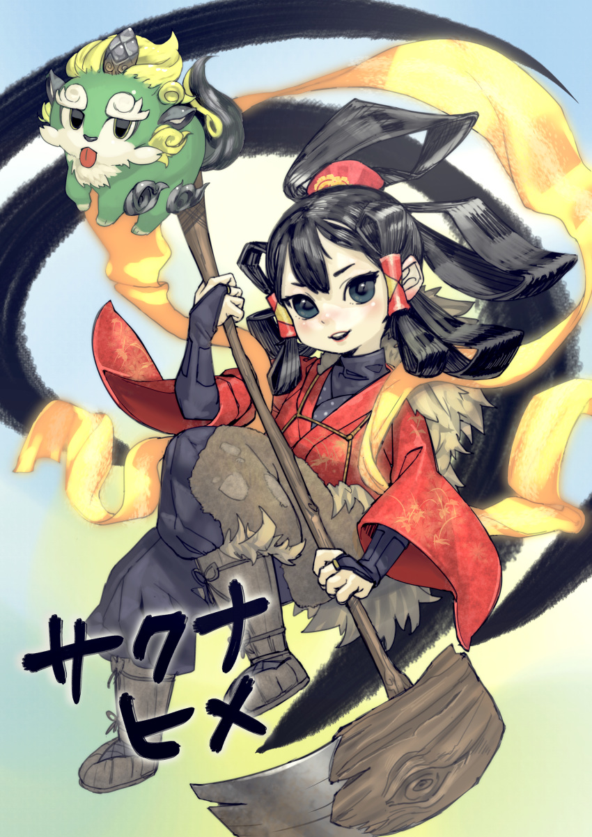 1girl absurdres black_eyes black_hair blush bridal_gauntlets character_name full_body hagoromo hair_ornament hair_tubes highres hoe huge_filesize japanese_clothes kimono long_hair parted_lips print_kimono red_kimono sakuna-hime shawl tama-jii tensui_no_sakuna-hime thinker_0616