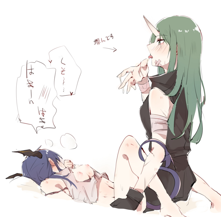 2girls after_fingering arknights bandaged_arm bandages bandaid bandaid_on_face bare_legs black_shirt blue_hair blush bottomless breasts ch'en_(arknights) chinese_commentary commentary_request dragon_horns dragon_tail finger_licking green_eyes green_hair highres horns hoshiguma_(arknights) kyou_039 licking long_hair looking_away lying medium_breasts mixed-language_commentary multiple_girls navel nipples on_back oni_horns partial_commentary pussy_juice shirt simple_background single_horn sleeveless sleeveless_shirt speech_bubble sweat tail tongue tongue_out white_background yuri