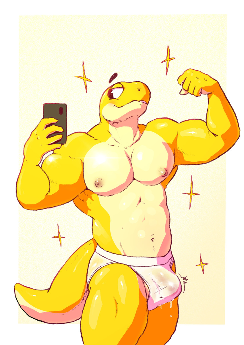 2020 absurd_res anthro bicep_curl bodily_fluids bulge cellphone clothing flexing genital_fluids hi_res jockstrap male mirror_selfie muscular muscular_anthro muscular_male phone precum precum_through_clothing precum_through_underwear scalie selfie serex simple_background solo star sunny_(geckoecho) underwear wet wet_clothing white_background white_clothing white_underwear yellow_body