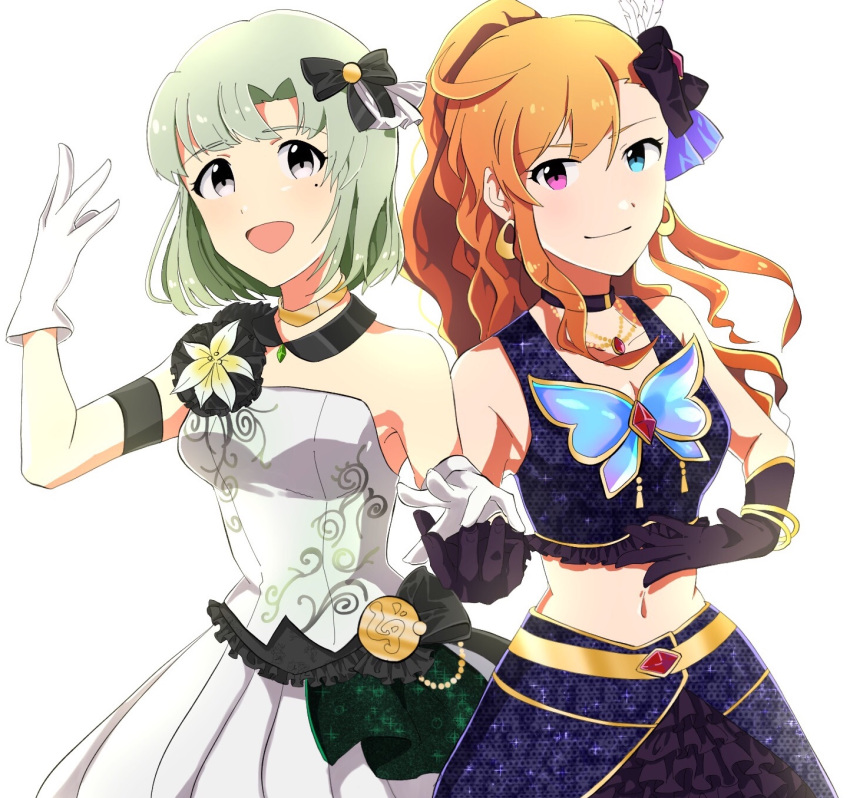 2girls :d bare_shoulders black_gloves blue_eyes blush collarbone dress earrings gloves green_hair grey_eyes hair_ribbon heterochromia highres idolmaster idolmaster_(classic) idolmaster_one_for_all idolmaster_stella_stage jewelry leon_(idolmaster) long_hair looking_at_viewer midriff mole mole_under_eye multiple_girls navel necklace open_mouth orange_hair ponytail purple_eyes purple_shirt purple_skirt ribbon shiika_(idolmaster) shirt short_hair skirt sleeveless sleeveless_dress sleeveless_shirt smile strapless strapless_dress white_background white_dress white_gloves yoshi_no_yaiba